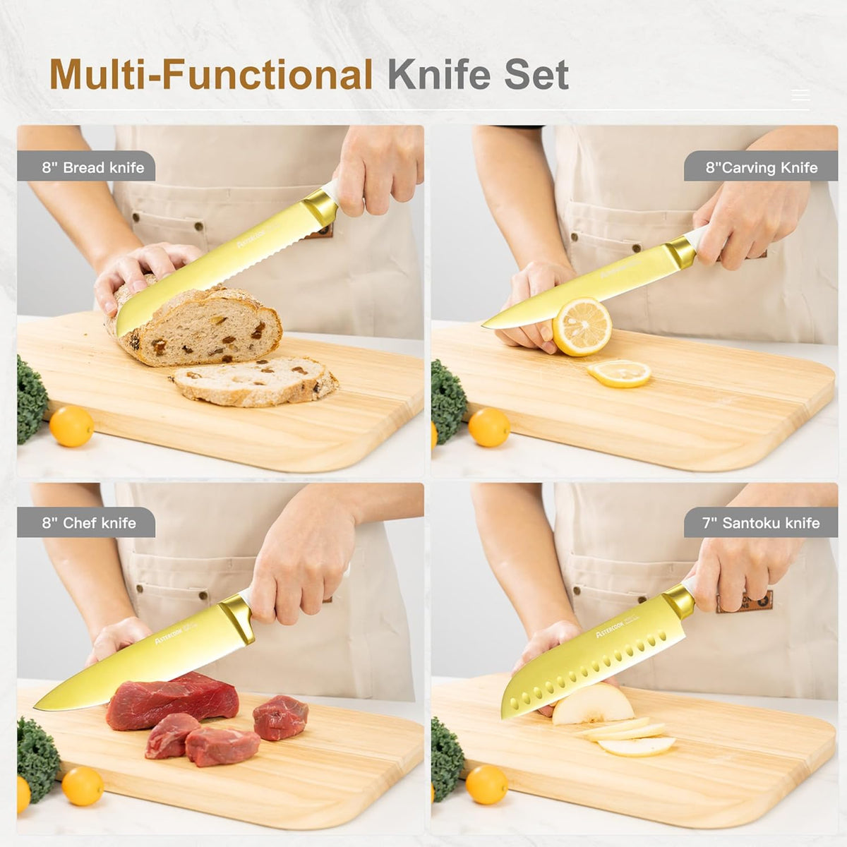 15 Pieces Knife Set, Healthy Gold Titanium Coating Kitchen Knife Sets, Full Tang Knives Set with Block and Built-in Sharpener, German Stainless Steel Knife Block Set Dishwasher Safe Gold