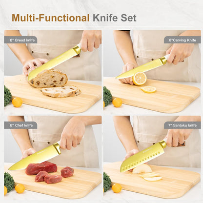 15 Pieces Knife Set, Healthy Gold Titanium Coating Kitchen Knife Sets, Full Tang Knives Set with Block and Built-in Sharpener, German Stainless Steel Knife Block Set Dishwasher Safe Gold