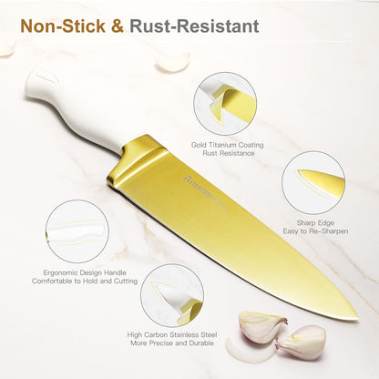 15 Pieces Knife Set, Healthy Gold Titanium Coating Kitchen Knife Sets, Full Tang Knives Set with Block and Built-in Sharpener, German Stainless Steel Knife Block Set Dishwasher Safe Gold