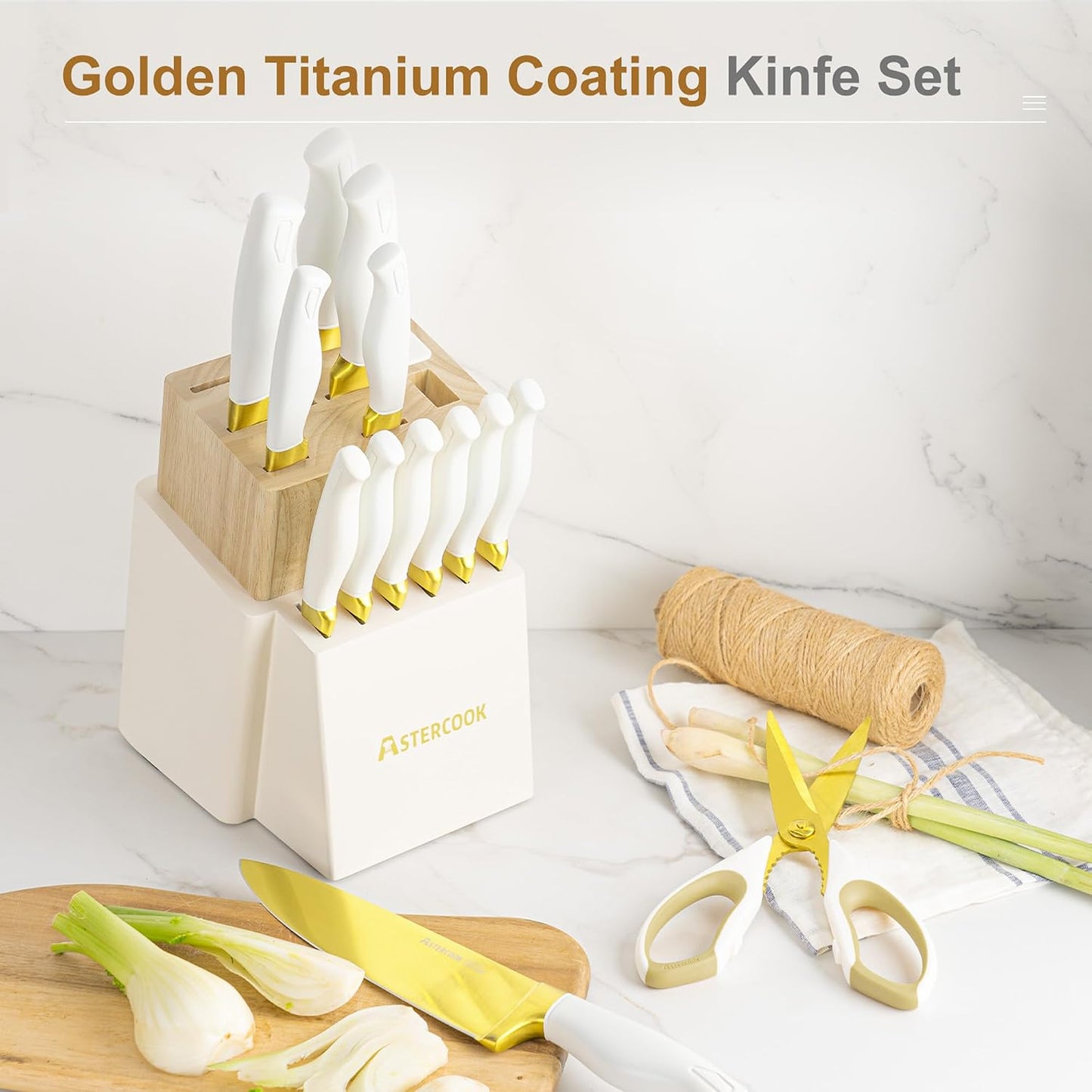 15 Pieces Knife Set, Healthy Gold Titanium Coating Kitchen Knife Sets, Full Tang Knives Set with Block and Built-in Sharpener, German Stainless Steel Knife Block Set Dishwasher Safe Gold