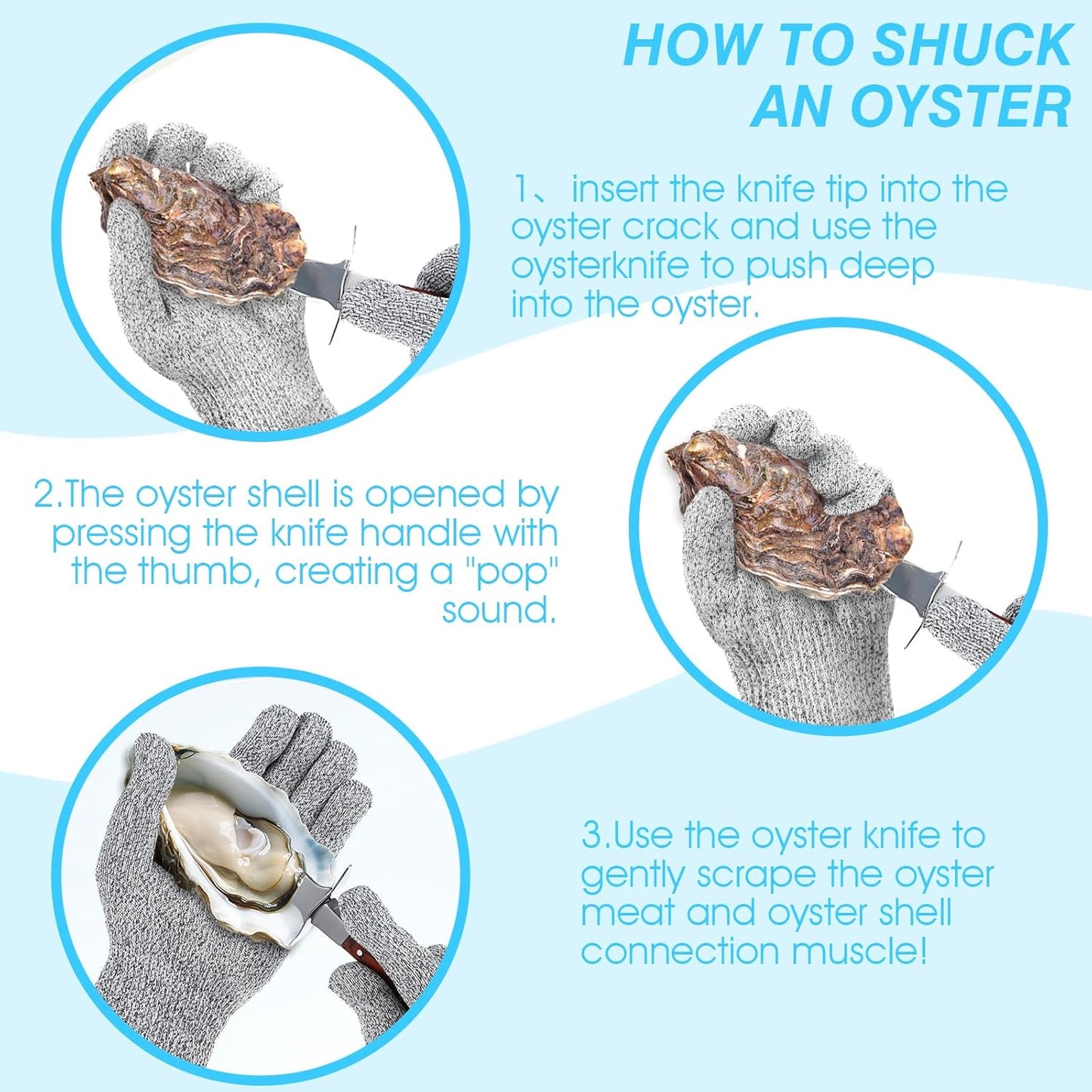 3 Set Oyster Shucker, Oyster Shucking Knife for Oyster Clam Pearl Shell Shucking, Shucking Tool Kit, 3 Stainless Steel Oyster Knifes with Wooden Handle 3 Pairs Oyster Shucking Gloves