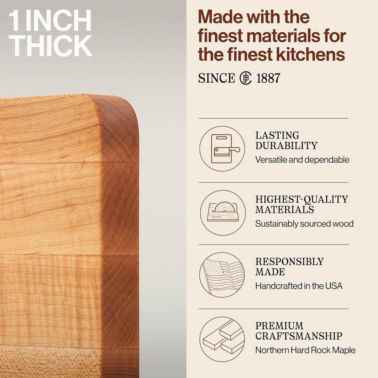 Chop-N-Slice Series Rectangular Maple Cutting Board, 16" x 10" x 1", 4.5 lb – Reversible Edge-Grain Butcher Block, Made in the USA
