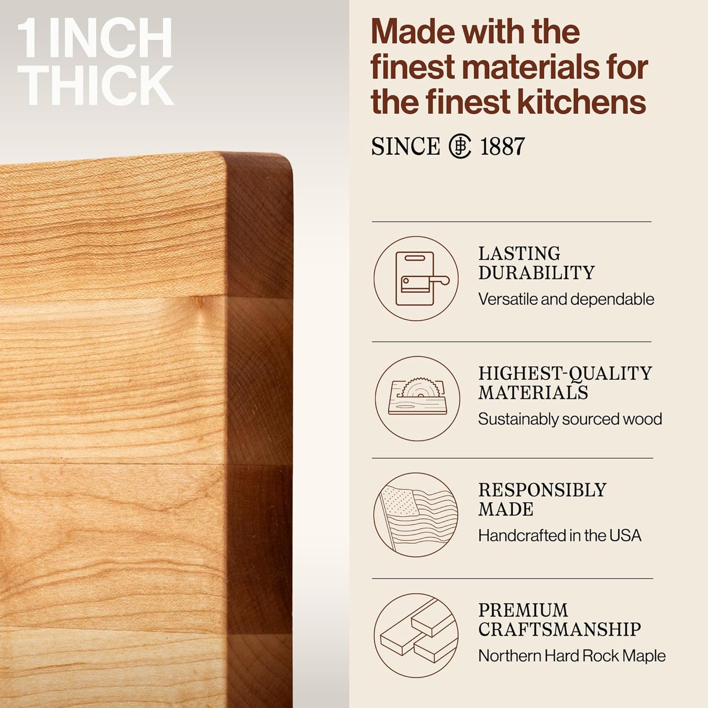 Chop-N-Slice Series Rectangular Maple Cutting Board, 16" x 10" x 1", 4.5 lb – Reversible Edge-Grain Butcher Block, Made in the USA