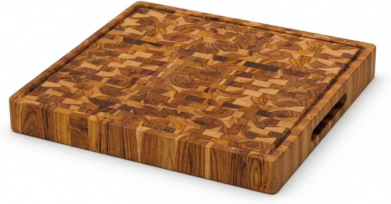 Teak End Grain Cutting Board 20x14x1.5", Deep Juice Groove & Side Handles