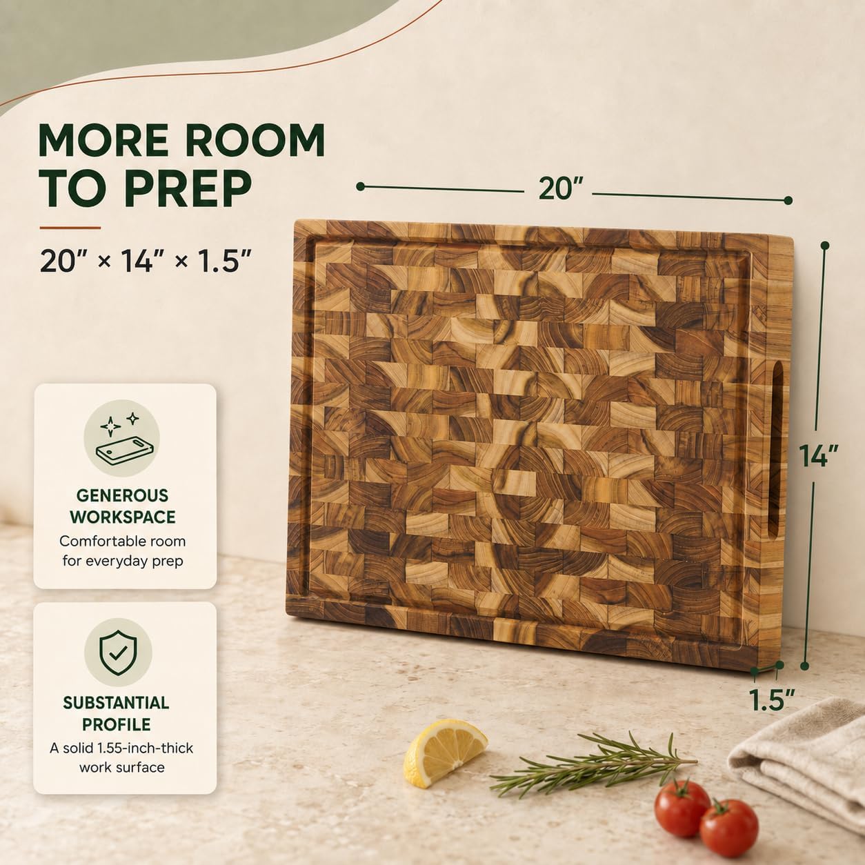 Teak End Grain Cutting Board 20x14x1.5", Deep Juice Groove & Side Handles