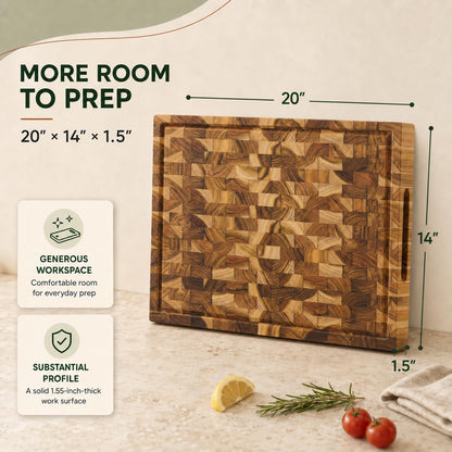 Teak End Grain Cutting Board 20x14x1.5", Deep Juice Groove & Side Handles