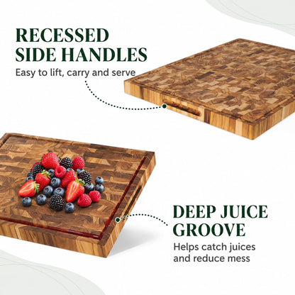 Teak End Grain Cutting Board 20x14x1.5", Deep Juice Groove & Side Handles