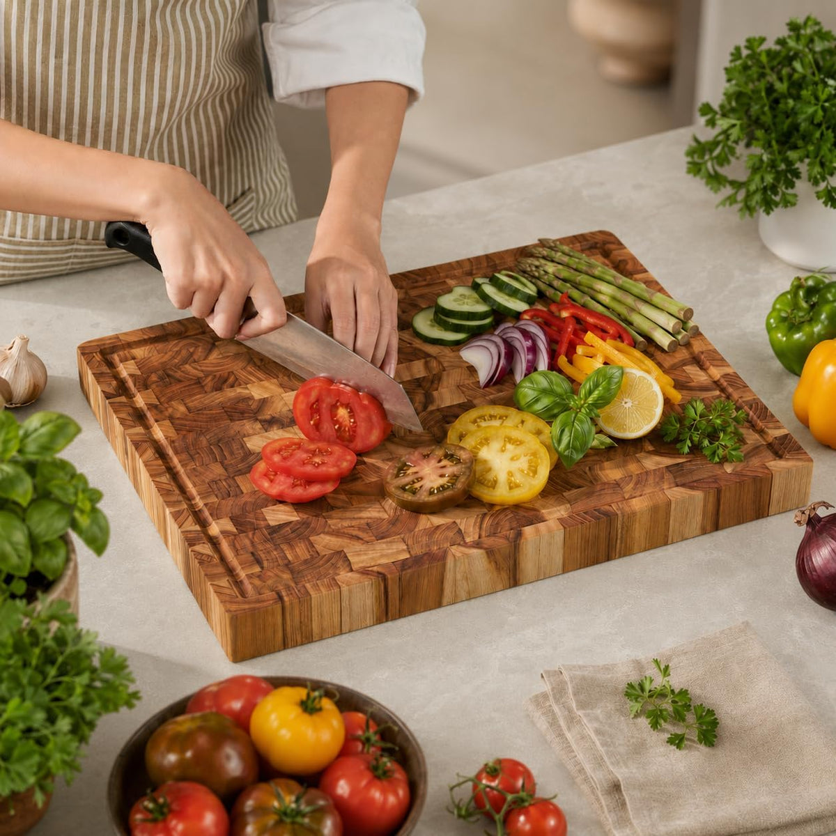 Teak End Grain Cutting Board 20x14x1.5", Deep Juice Groove & Side Handles
