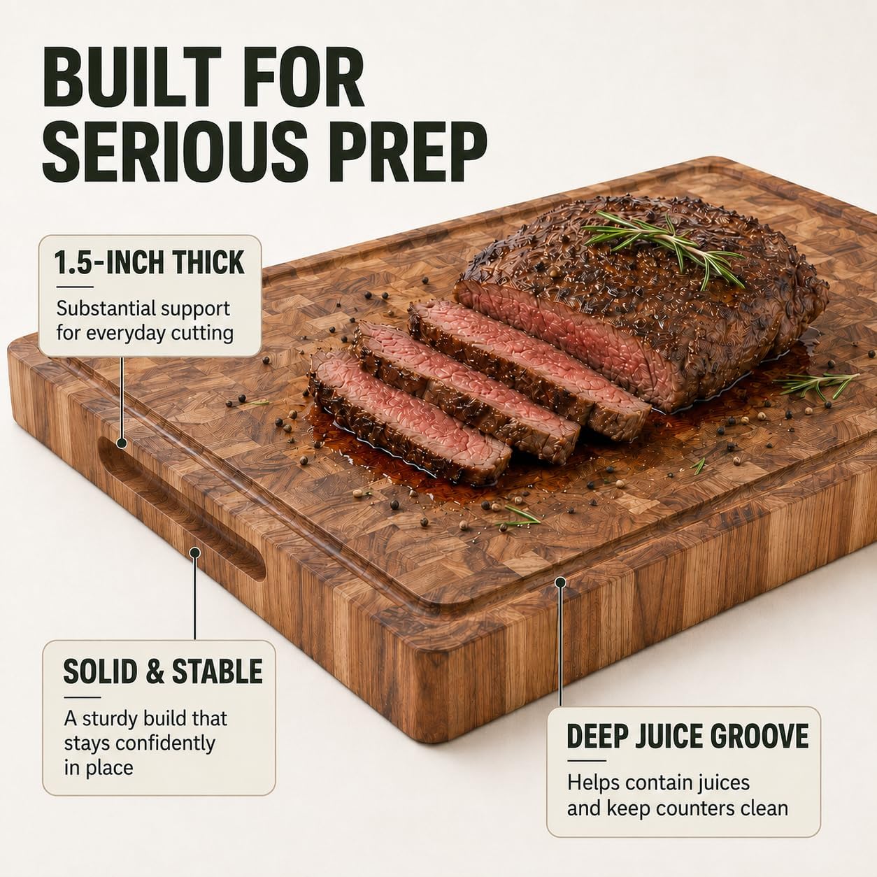 Teak End Grain Cutting Board 20x14x1.5", Deep Juice Groove & Side Handles
