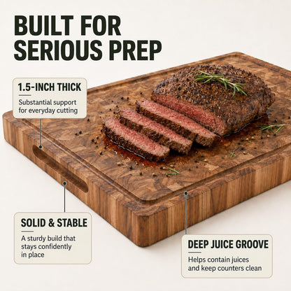 Teak End Grain Cutting Board 20x14x1.5", Deep Juice Groove & Side Handles