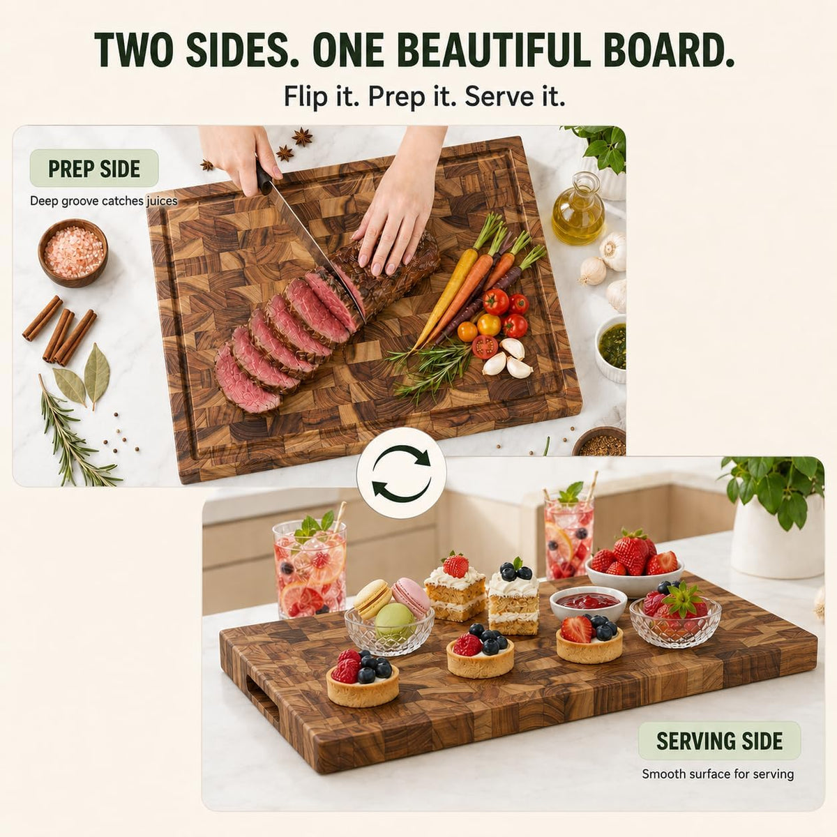 Teak End Grain Cutting Board 20x14x1.5", Deep Juice Groove & Side Handles