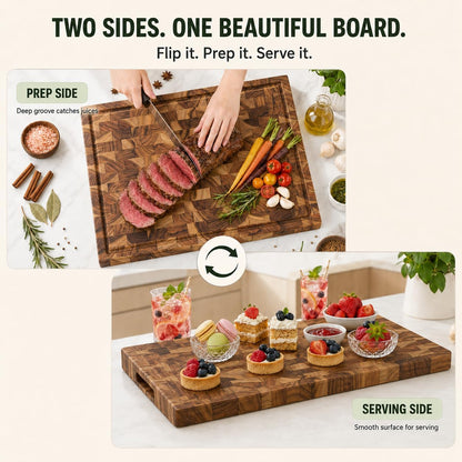 Teak End Grain Cutting Board 20x14x1.5", Deep Juice Groove & Side Handles