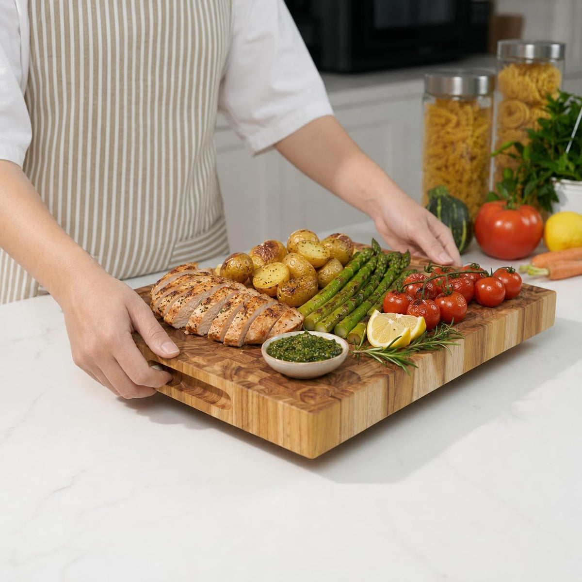 Teak End Grain Cutting Board 20x14x1.5", Deep Juice Groove & Side Handles