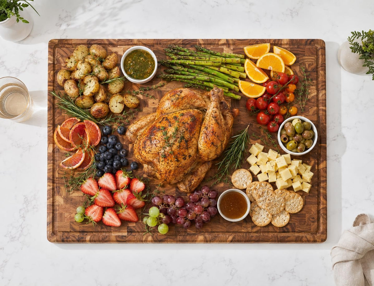 Teak End Grain Cutting Board 20x14x1.5", Deep Juice Groove & Side Handles
