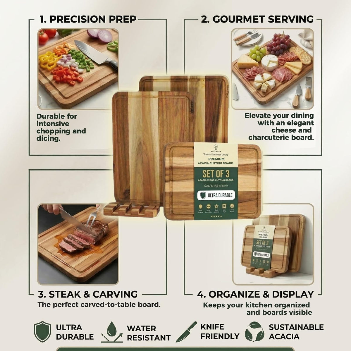 Teak End Grain Cutting Board 20x14x1.5", Deep Juice Groove & Side Handles