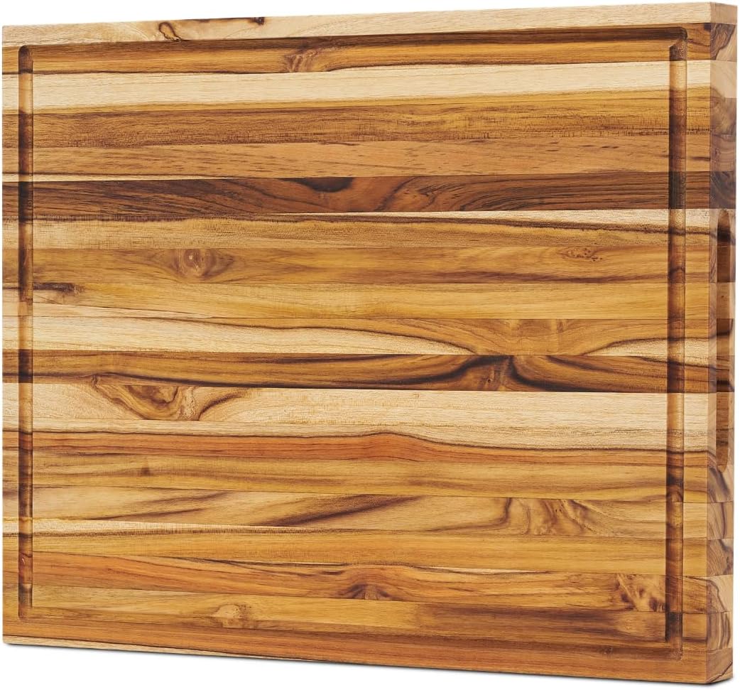 Teak End Grain Cutting Board 20x14x1.5", Deep Juice Groove & Side Handles