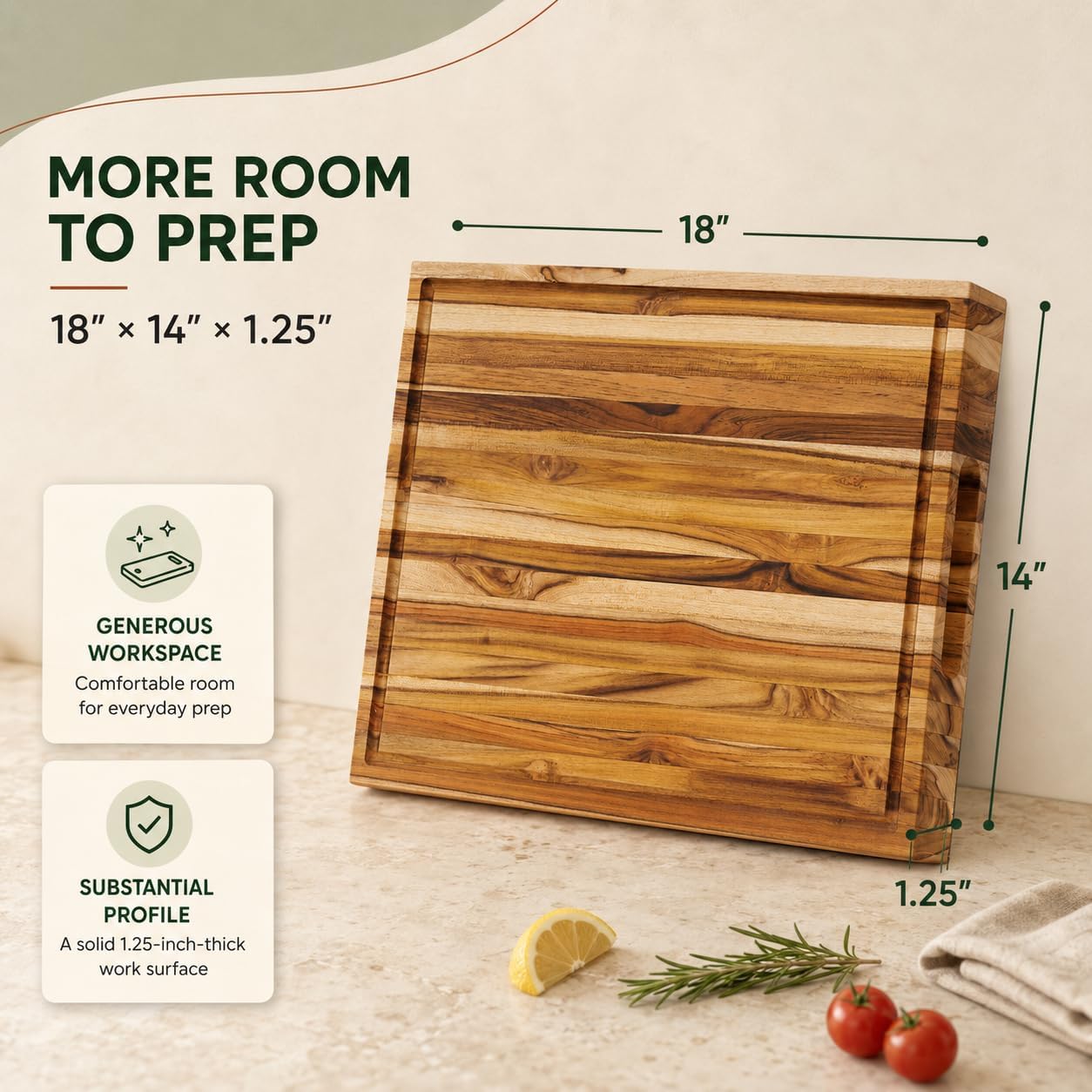 Teak End Grain Cutting Board 20x14x1.5", Deep Juice Groove & Side Handles