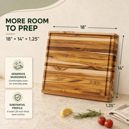 Teak End Grain Cutting Board 20x14x1.5", Deep Juice Groove & Side Handles