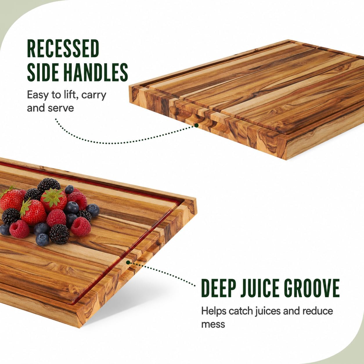 Teak End Grain Cutting Board 20x14x1.5", Deep Juice Groove & Side Handles