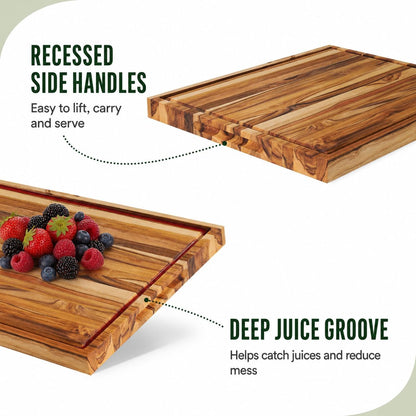 Teak End Grain Cutting Board 20x14x1.5", Deep Juice Groove & Side Handles