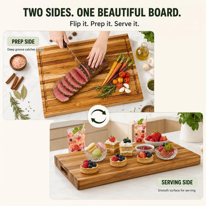 Teak End Grain Cutting Board 20x14x1.5", Deep Juice Groove & Side Handles