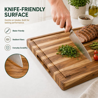 Teak End Grain Cutting Board 20x14x1.5", Deep Juice Groove & Side Handles