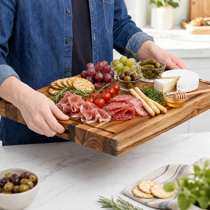 Teak End Grain Cutting Board 20x14x1.5", Deep Juice Groove & Side Handles