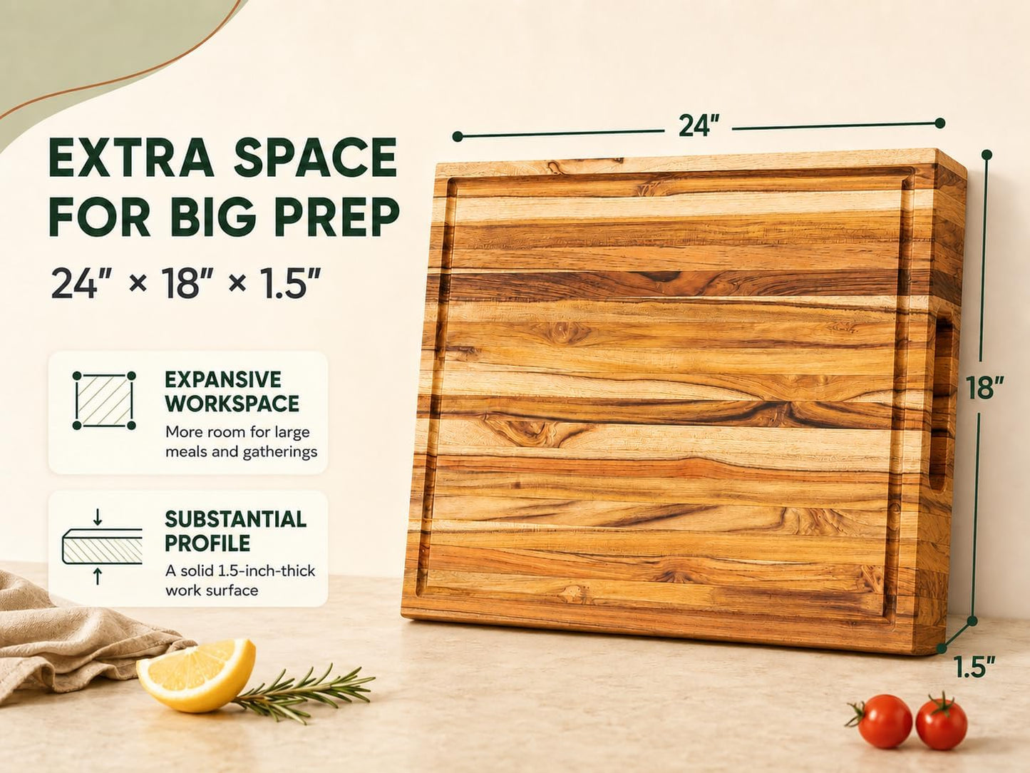 Teak End Grain Cutting Board 20x14x1.5", Deep Juice Groove & Side Handles