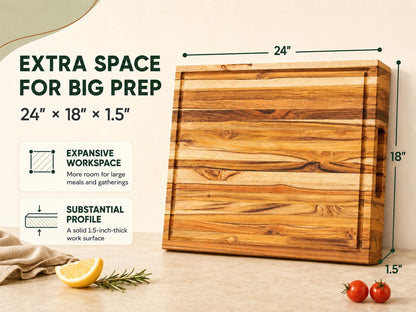 Teak End Grain Cutting Board 20x14x1.5", Deep Juice Groove & Side Handles