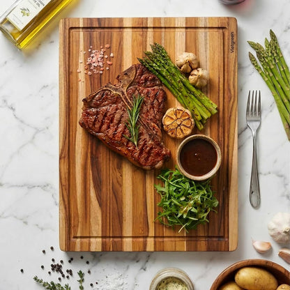 Teak End Grain Cutting Board 20x14x1.5", Deep Juice Groove & Side Handles