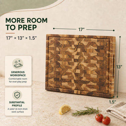 Teak End Grain Cutting Board 20x14x1.5", Deep Juice Groove & Side Handles