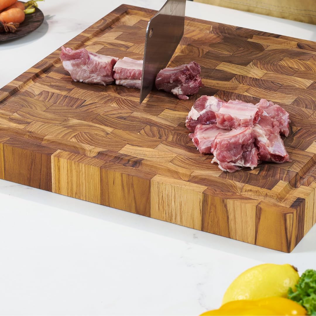 Teak End Grain Cutting Board 20x14x1.5", Deep Juice Groove & Side Handles