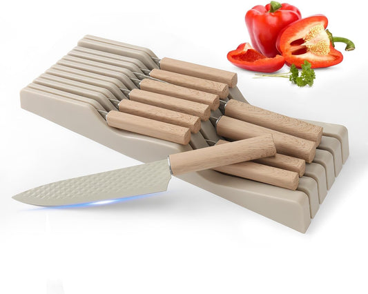 Knife Block Set, 12 Pieces Kitchen Knife Set with In-drawer Knife Block, Stainless Steel Knife Set with 6PCS Steak Knives, Ultra Sharp Non-stick Coating Chef Knife Set,Drawer Knife Organizer (Khaki)
