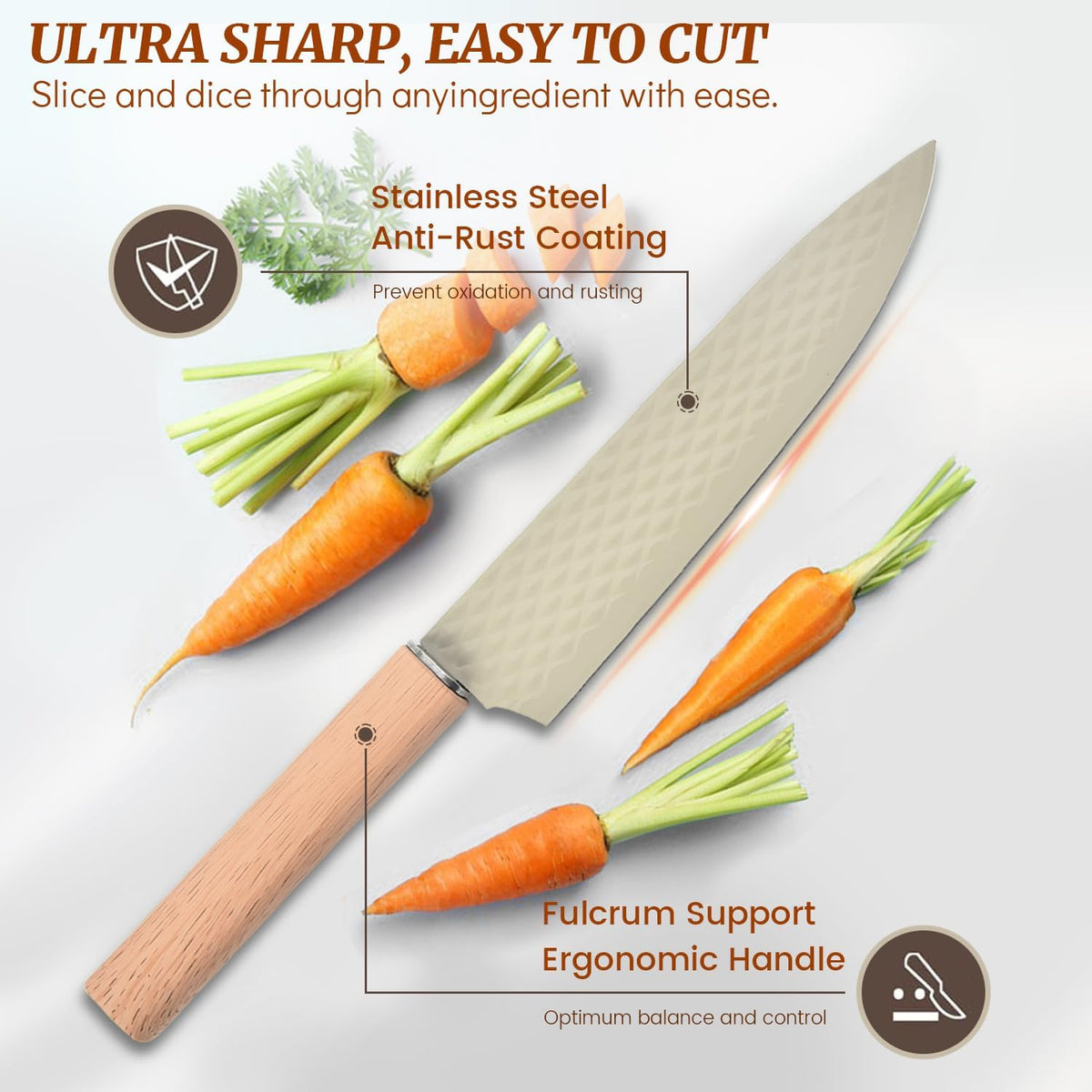Knife Block Set, 12 Pieces Kitchen Knife Set with In-drawer Knife Block, Stainless Steel Knife Set with 6PCS Steak Knives, Ultra Sharp Non-stick Coating Chef Knife Set,Drawer Knife Organizer (Khaki)