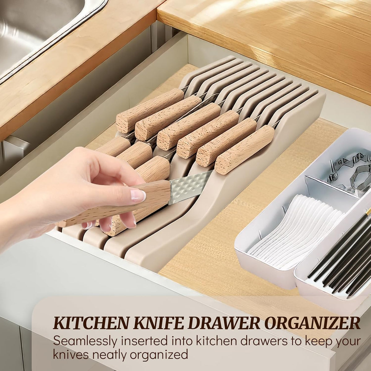 Knife Block Set, 12 Pieces Kitchen Knife Set with In-drawer Knife Block, Stainless Steel Knife Set with 6PCS Steak Knives, Ultra Sharp Non-stick Coating Chef Knife Set,Drawer Knife Organizer (Khaki)