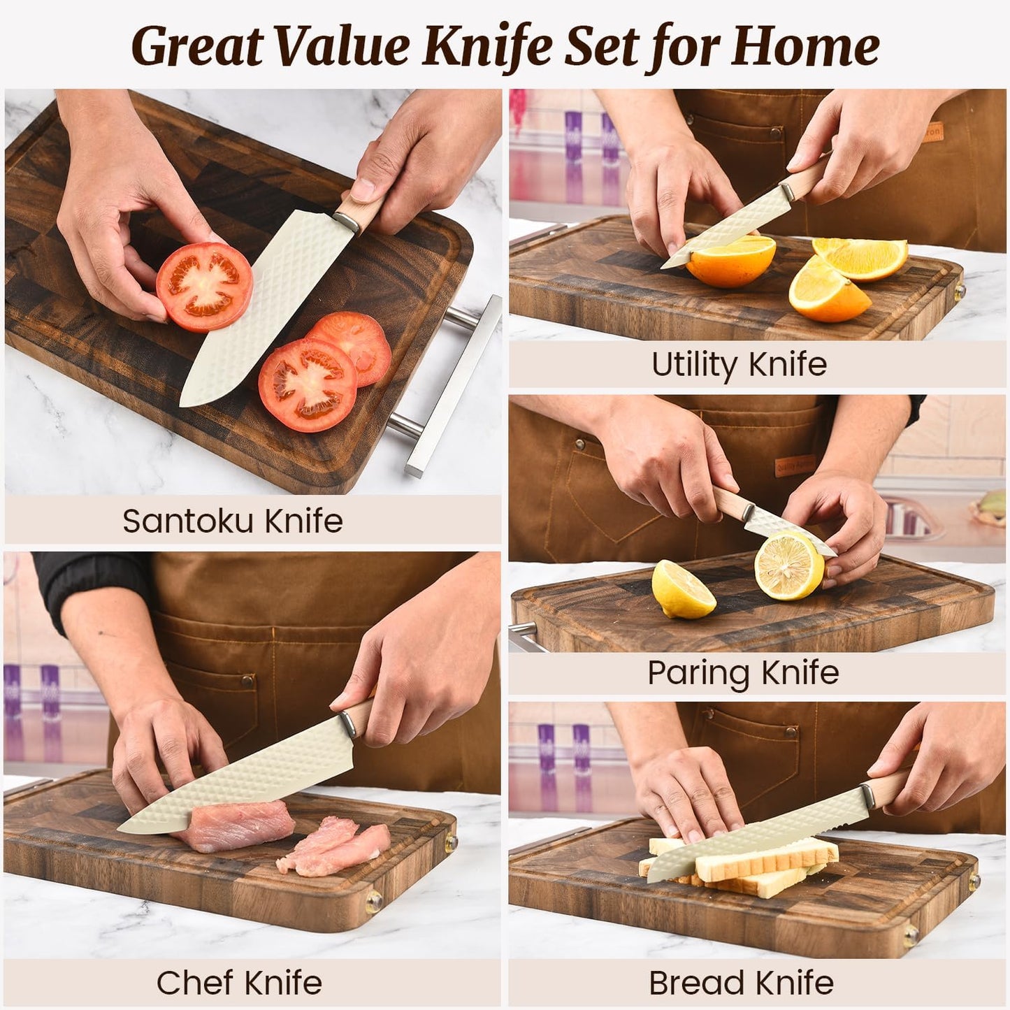 Knife Block Set, 12 Pieces Kitchen Knife Set with In-drawer Knife Block, Stainless Steel Knife Set with 6PCS Steak Knives, Ultra Sharp Non-stick Coating Chef Knife Set,Drawer Knife Organizer (Khaki)