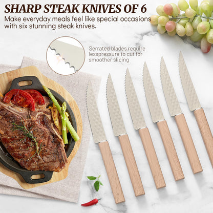 Knife Block Set, 12 Pieces Kitchen Knife Set with In-drawer Knife Block, Stainless Steel Knife Set with 6PCS Steak Knives, Ultra Sharp Non-stick Coating Chef Knife Set,Drawer Knife Organizer (Khaki)