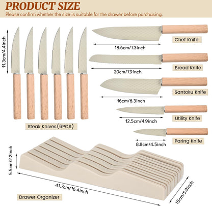 Knife Block Set, 12 Pieces Kitchen Knife Set with In-drawer Knife Block, Stainless Steel Knife Set with 6PCS Steak Knives, Ultra Sharp Non-stick Coating Chef Knife Set,Drawer Knife Organizer (Khaki)