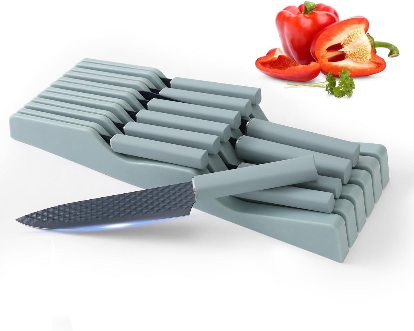Knife Block Set, 12 Pieces Kitchen Knife Set with In-drawer Knife Block, Stainless Steel Knife Set with 6PCS Steak Knives, Ultra Sharp Non-stick Coating Chef Knife Set,Drawer Knife Organizer (Khaki)
