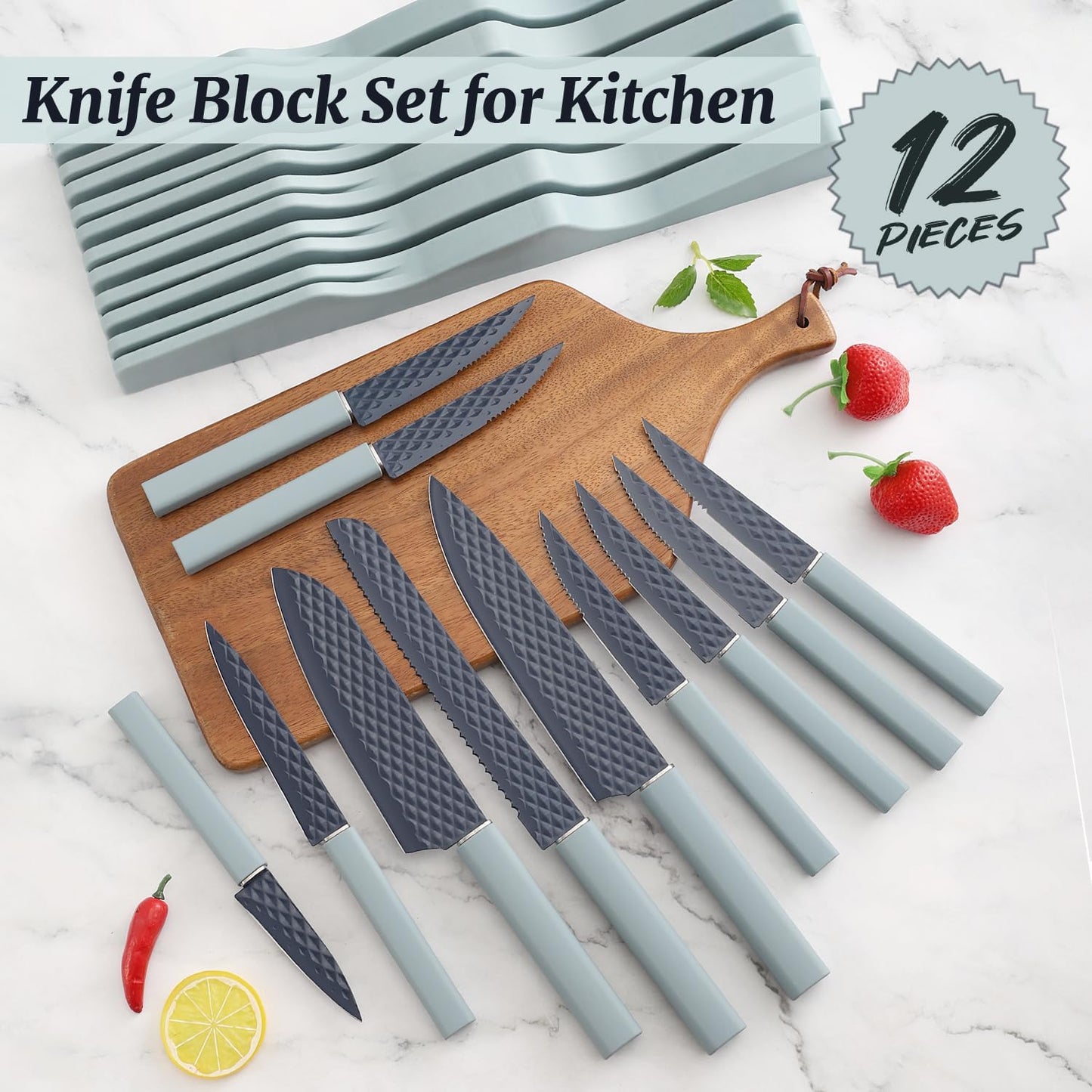 Knife Block Set, 12 Pieces Kitchen Knife Set with In-drawer Knife Block, Stainless Steel Knife Set with 6PCS Steak Knives, Ultra Sharp Non-stick Coating Chef Knife Set,Drawer Knife Organizer (Khaki)
