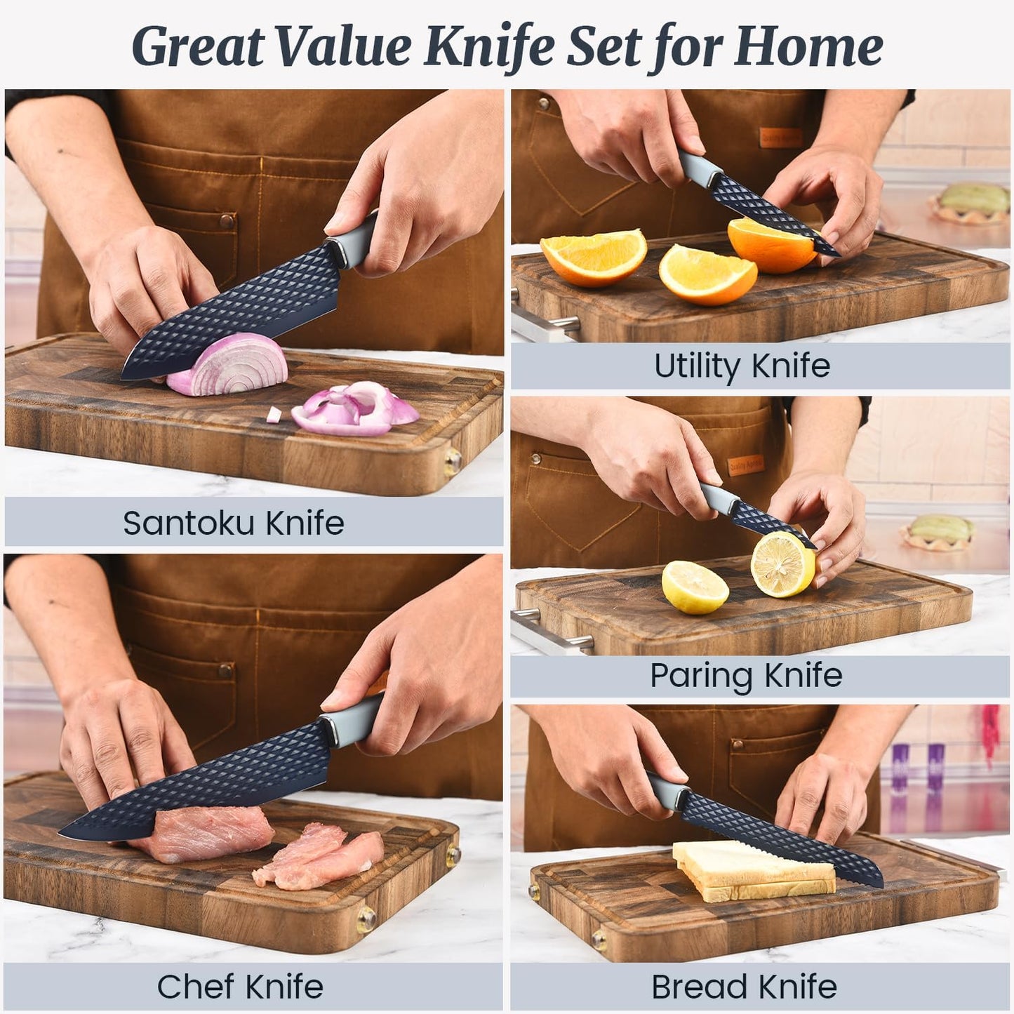 Knife Block Set, 12 Pieces Kitchen Knife Set with In-drawer Knife Block, Stainless Steel Knife Set with 6PCS Steak Knives, Ultra Sharp Non-stick Coating Chef Knife Set,Drawer Knife Organizer (Khaki)