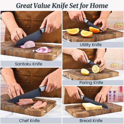 Knife Block Set, 12 Pieces Kitchen Knife Set with In-drawer Knife Block, Stainless Steel Knife Set with 6PCS Steak Knives, Ultra Sharp Non-stick Coating Chef Knife Set,Drawer Knife Organizer (Khaki)