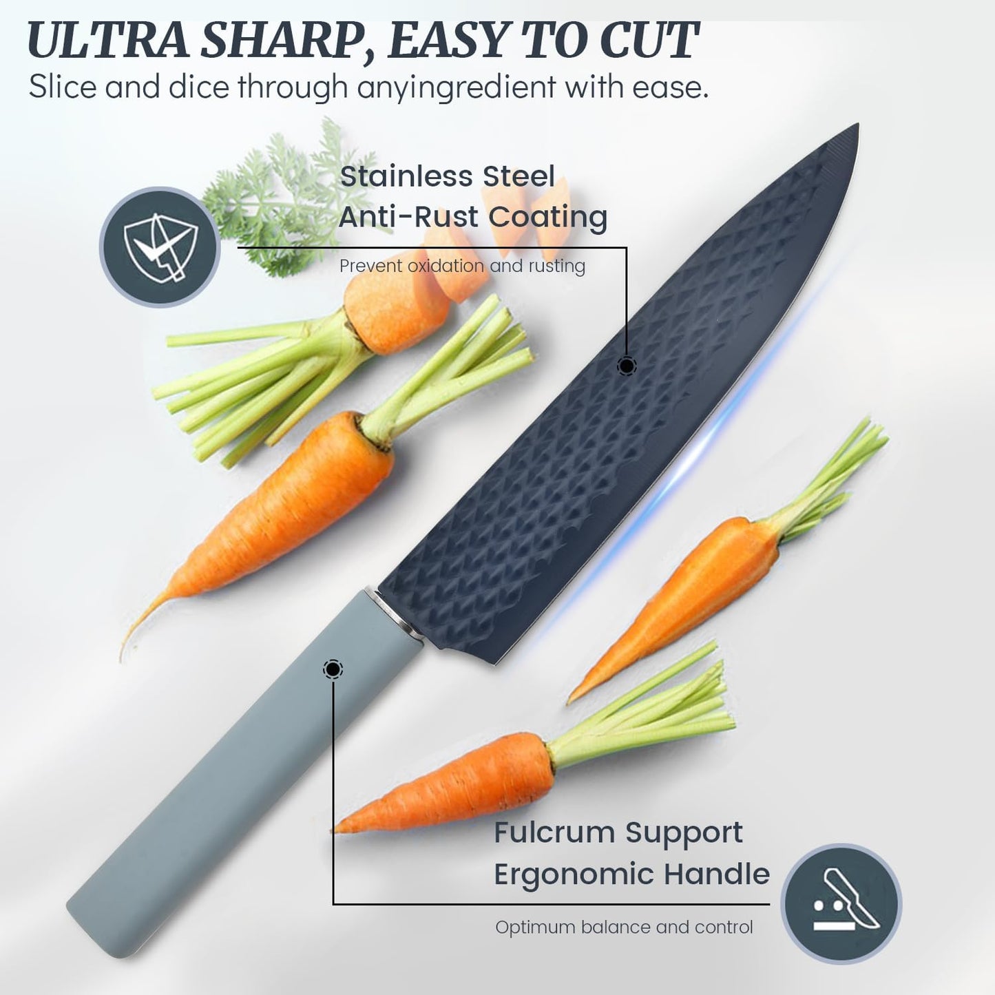 Knife Block Set, 12 Pieces Kitchen Knife Set with In-drawer Knife Block, Stainless Steel Knife Set with 6PCS Steak Knives, Ultra Sharp Non-stick Coating Chef Knife Set,Drawer Knife Organizer (Khaki)
