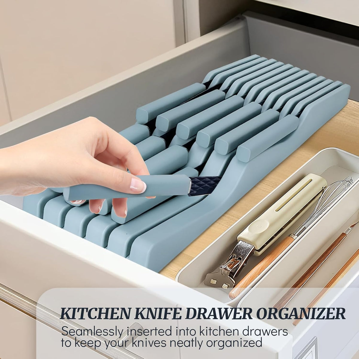 Knife Block Set, 12 Pieces Kitchen Knife Set with In-drawer Knife Block, Stainless Steel Knife Set with 6PCS Steak Knives, Ultra Sharp Non-stick Coating Chef Knife Set,Drawer Knife Organizer (Khaki)