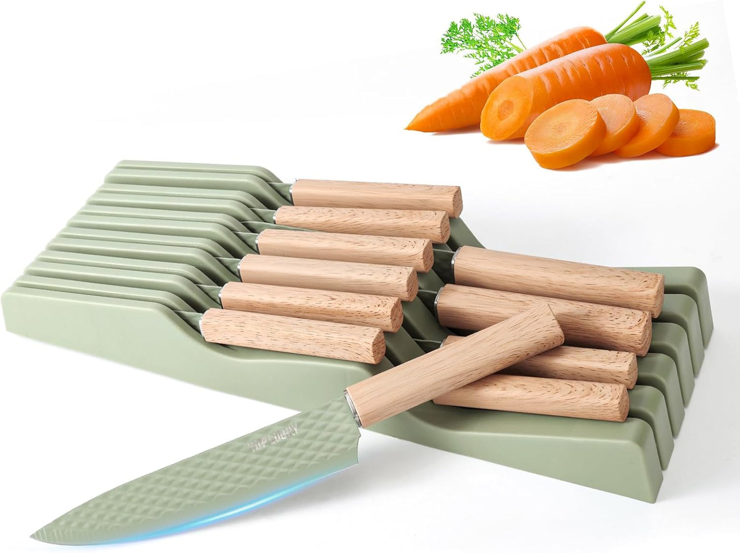 Knife Block Set, 12 Pieces Kitchen Knife Set with In-drawer Knife Block, Stainless Steel Knife Set with 6PCS Steak Knives, Ultra Sharp Non-stick Coating Chef Knife Set,Drawer Knife Organizer (Khaki)