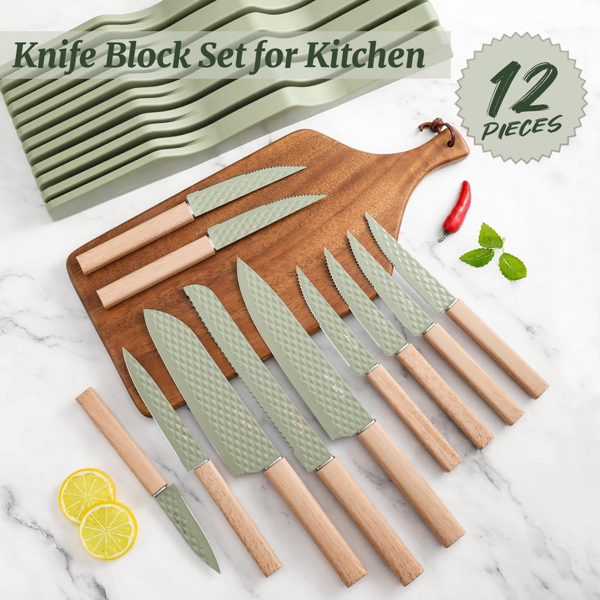 Knife Block Set, 12 Pieces Kitchen Knife Set with In-drawer Knife Block, Stainless Steel Knife Set with 6PCS Steak Knives, Ultra Sharp Non-stick Coating Chef Knife Set,Drawer Knife Organizer (Khaki)
