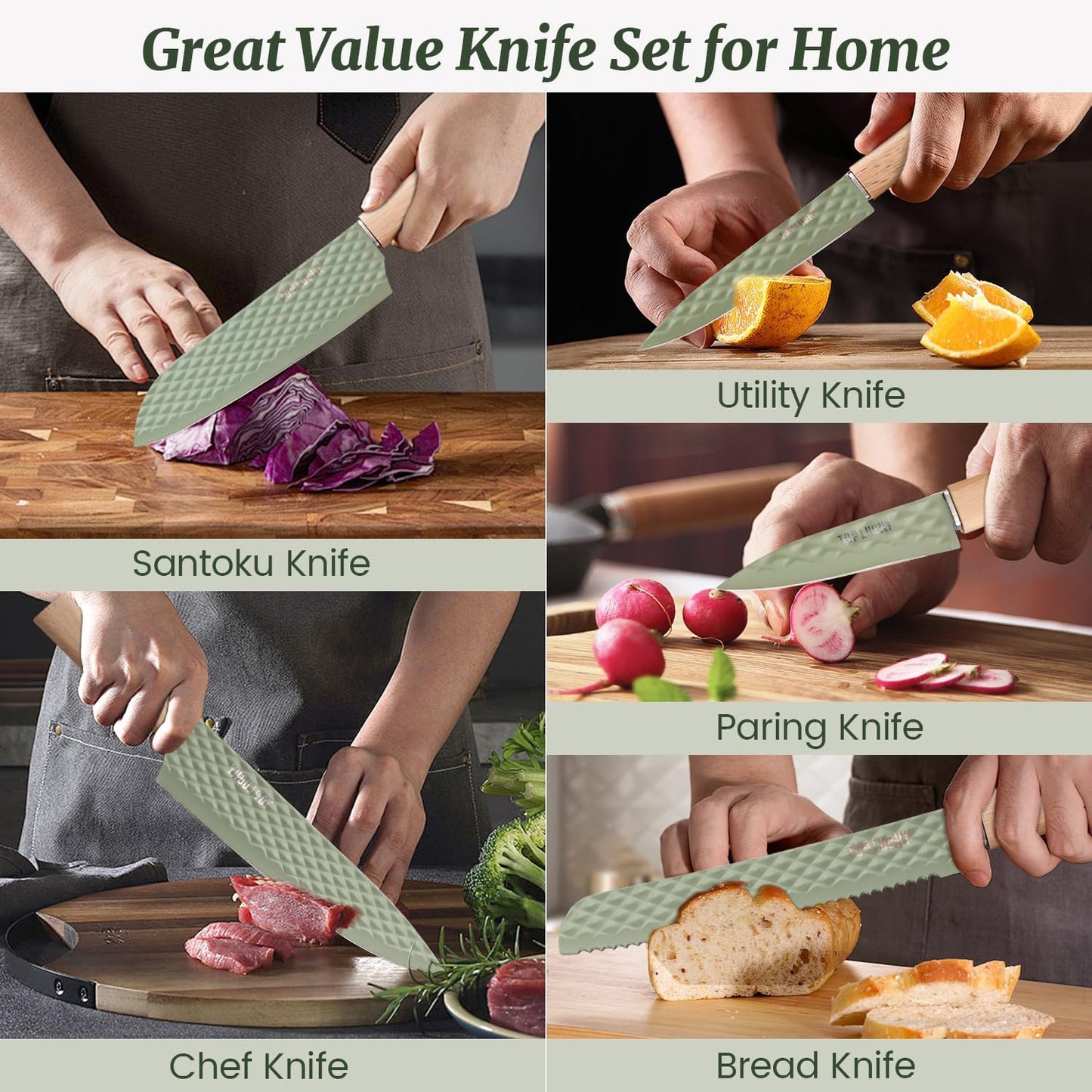 Knife Block Set, 12 Pieces Kitchen Knife Set with In-drawer Knife Block, Stainless Steel Knife Set with 6PCS Steak Knives, Ultra Sharp Non-stick Coating Chef Knife Set,Drawer Knife Organizer (Khaki)