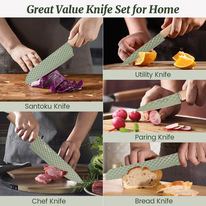 Knife Block Set, 12 Pieces Kitchen Knife Set with In-drawer Knife Block, Stainless Steel Knife Set with 6PCS Steak Knives, Ultra Sharp Non-stick Coating Chef Knife Set,Drawer Knife Organizer (Khaki)