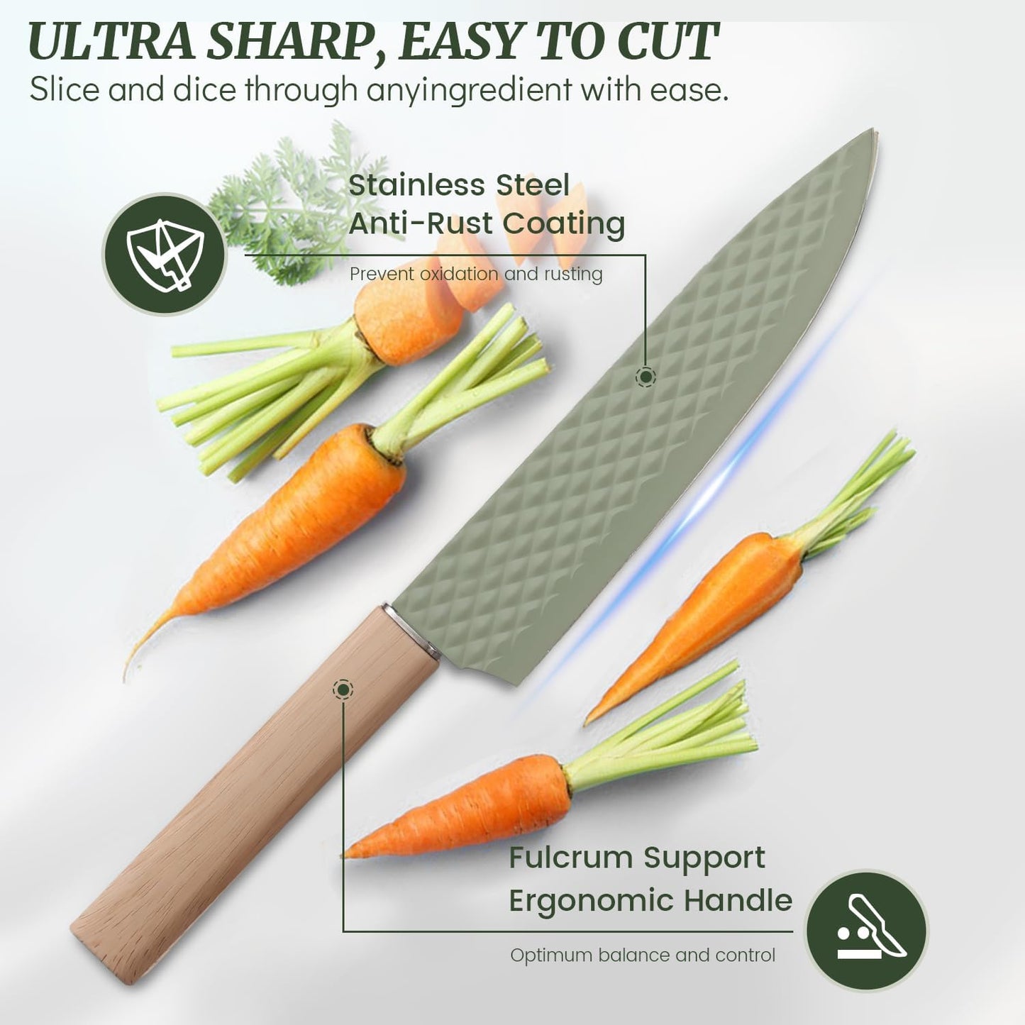 Knife Block Set, 12 Pieces Kitchen Knife Set with In-drawer Knife Block, Stainless Steel Knife Set with 6PCS Steak Knives, Ultra Sharp Non-stick Coating Chef Knife Set,Drawer Knife Organizer (Khaki)
