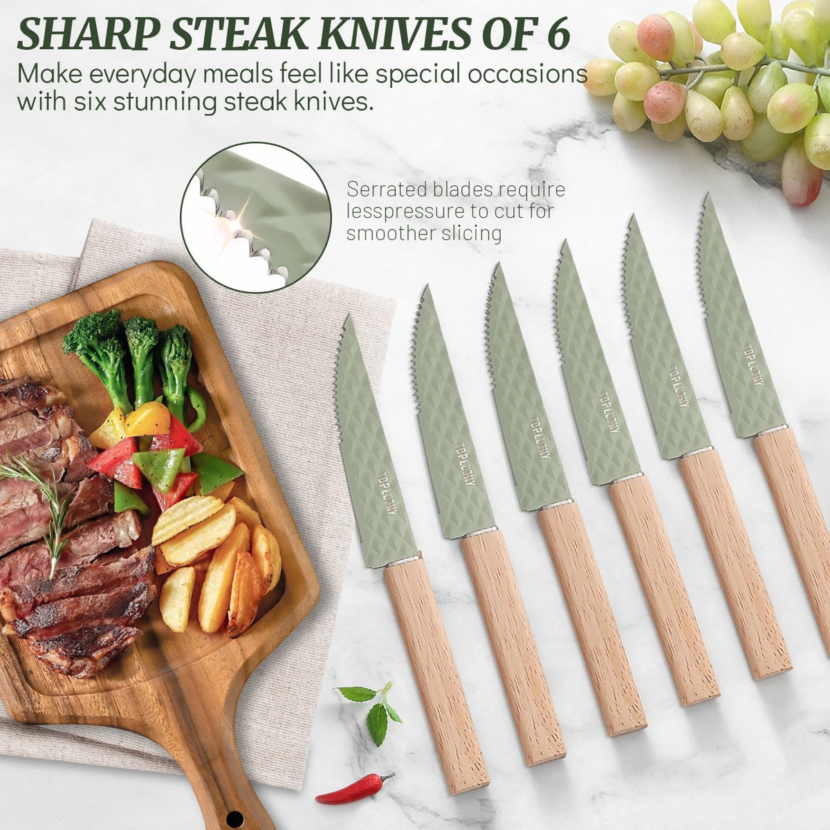 Knife Block Set, 12 Pieces Kitchen Knife Set with In-drawer Knife Block, Stainless Steel Knife Set with 6PCS Steak Knives, Ultra Sharp Non-stick Coating Chef Knife Set,Drawer Knife Organizer (Khaki)